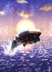  animal_focus artist_name baya_(sakura_mint) black_sclera blue_sky clouds colored_sclera commentary_request gradient_sky highres horizon jumping kyogre no_humans ocean open_mouth orange_sky outdoors pokemon pokemon_(creature) rain sharp_teeth signature sky solo sun sunset teeth upside-down water yellow_eyes 