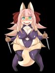  1girl breasts female fox full_body furry green_eyes knife long_hair ninja_clothes open_mouth pink_hair shinobe simple_background solo 