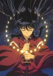  1boy black_hair closed_eyes crescent_moon full_moon inuyasha inuyasha_(character) inuyasha_(human) long_hair male_focus moon necklace night night_sky solo star_(sky) sword tetsusaiga weapon 