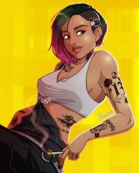  1girl arm_tattoo black_overalls brown_eyes chest_tattoo cigarette cyberpunk_(series) cyberpunk_2077 cyborg dark-skinned_female dark_skin gradient_hair green_hair highres hip_tattoo holding holding_cigarette judy_alvarez mechanical_head midriff multicolored_hair neck_tattoo overalls pink_lips ponara purple_hair shaved_head shirt sideways_glance simple_background sitting sleeveless sleeveless_shirt smoke smoke_trail smoking solo tattoo tied_shirt underwear white_shirt yellow_background 