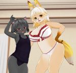  2girls 3d 3d_custom_girl artist_request black_hair blonde_hair breasts brown_eyes cat female fox furry indoors long_hair multiple_girls red_eyes short_hair swimsuit 