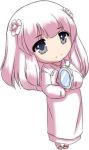  1girl chibi grey_eyes hair_flower inuyasha kanna_(inuyasha) lady_suchiko mirror pale_skin sandals simple_background solo white_hair 