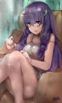  1girl artist_name bangs bare_legs bespectacled blunt_bangs blush book bow couch eyebrows eyebrows_visible_through_hair glasses hair_bow hair_ribbon highres knees_up long_hair looking_at_viewer martin_(minipiz) open_mouth patchouli_knowledge purple_bow purple_hair ribbon signature sitting solo sparkle strap_slip touhou tress_ribbon 