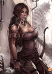  1girl armor bare_shoulders blood breasts brown_eyes brown_hair cleavage hiding ice lara_croft large_breasts light long_hair necklace snow solo standing tank_top tomb_raider torn_clothes watch weapon 