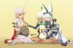  3girls ahoge ankh arc_system_works biting blush bodysuit boots breasts candy cleavage closed_eyes clover cross_necklace dark_skin dress elphelt_valentine fingerless_gloves four-leaf_clover gloves guilty_gear guilty_gear_xrd guilty_gear_xrd:_revelator indian_style jack-o_(guilty_gear) jack-o_valentine jewelry large_breasts leggings lollipop long_hair lucifero multicolored_hair multiple_girls open_mouth platinum_blonde rabbit_ears ramlethal_valentine re_2n red_eyes redhead school_uniform shiny shiny_clothes shiny_hair shiny_skin shoes short_hair silver_hair simple_background sitting smile spiked_bracelet spiked_collar spikes thigh_boots tongue tongue_out translation_request wariza white_hair yellow_background 