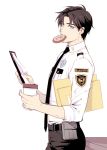  1boy belt black_hair black_necktie blue_eyes casatalie clipboard coffee dc_comics dick_grayson doughnut envelope leaning looking_at_viewer male_focus mouth_hold necktie police police_badge police_officer police_uniform simple_background solo uniform white_background 
