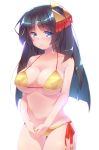  1girl bikini black_hair blue_eyes blush breasts character_request cleavage closed_mouth hair_ornament halterneck highres large_breasts long_hair looking_at_viewer navel own_hands_together shaneru shiro_project side-tie_bikini simple_background smile solo swimsuit thigh_gap v_arms white_background yellow_bikini 