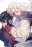  2boys alternate_form bangs blood_on_face brothers closed_eyes facial_mark forehead-to-forehead inuyasha inuyasha_(character) inuyasha_(human) long_hair male_focus multiple_boys pointy_ears sesshoumaru siblings sukja unconscious white_background white_hair yellow_eyes 