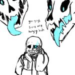  1boy coat commentary english gasterblaster glowing glowing_eye grin hand_in_pocket highres male_focus monochrome no_humans oxi_(oxidization) sans simple_background skeleton sketch smile spot_color tongue tongue_out undertale white_background 