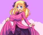  1girl black_legwear blonde_hair blue_eyes blush breasts dress dress_lift large_breasts long_dress long_hair looking_at_viewer open_mouth pantyhose pink_dress purple_background solo 