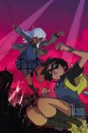  2girls backpack black_hair blazer city dark_skin dc_comics domino_mask gotham_academy maps_mizoguchi multiple_girls necktie olive_silverlock pleated_skirt school_uniform silver_hair skirt sweater_vest uniform yellow_shoes 