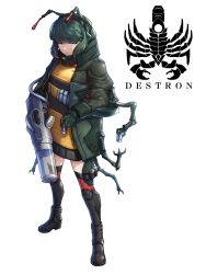 1girl arthropod_girl arthropod_limbs black_footwear black_skirt blue_eyes boots commentary cyborg dokubari_gumo eidenjyou1997 english_commentary extra_arms genderswap genderswap_(mtf) gloves green_gloves green_hair green_jacket highres holding jacket kaijin kamen_rider kamen_rider_v3_(series) logo mechanical_arms miniskirt monster_girl red_thighhighs simple_background skirt solo spider_girl syringe thigh-highs tube white_background