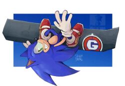  1boy blue_background draw_chill's furry furry_male gloves green_eyes male_focus red_footwear signature soap_shoes sonic_(series) sonic_adventure_2 sonic_the_hedgehog when_you_see_it white_gloves 