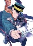  1boy 1girl ainu_clothes asirpa bayonet blue_eyes bow_(weapon) golden_kamuy long_sleeves noda_satoru official_art peaked_cap rifle scar scarf sugimoto_saichi weapon 