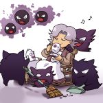  artist_request broom chair cleaning elite_four gastly gengar haunter kikuko_(pokemon) musical_note pokemon pokemon_(game) pokemon_frlg pokemon_rgby sitting table 