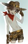  1boy belt belt_buckle brown_eyes brown_hair bullet cowboy cowboy_shot gloves gun handgun male_focus mccree_(overwatch) navel otuming overwatch shirtless short_hair short_shorts shorts shota smile solo tooth_gap v 