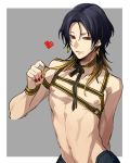  1boy androgynous black_hair blonde_hair cosplay earrings grey_background heart hiki_yuichi jewelry kashuu_kiyomitsu looking_at_viewer male_focus mole mole_under_mouth multicolored_hair nagasone_kotetsu nail_polish navel nipples personification red_eyes red_nails shirtless simple_background smile solo touken_ranbu two-tone_hair upper_body white_background 