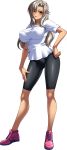 1girl bike_shorts blush breasts closed_mouth dark_skin female full_body hair_between_eyes hand_on_hip hand_on_own_leg hand_on_own_thigh highres kagami_hirotaka large_breasts lipstick long_hair looking_at_viewer makeup mesu_kyoushi_3 mizusawa_chisato mole mole_under_eye pink_footwear pink_shoes shirt shoes short_sleeves silver_hair simple_background sneakers solo standing transparent_background white_shirt yellow_eyes