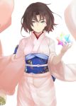  1girl brown_hair eyebrows fate/grand_order fate_(series) highres japanese_clothes kara_no_kyoukai katana kimono light_smile mafuyu_no_mo obi ryougi_shiki sash short_hair solo star sword violet_eyes weapon 