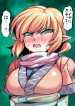 1girl aqua_eyes bangs blonde_hair blush breasts brown_shirt d:&lt; embarrassed fang green_background large_breasts looking_at_viewer mizuhashi_parsee open_mouth parody pointy_ears scarf shirt short_hair short_sleeves solo sweat sweatdrop sweating_profusely tongue touhou translation_request tsuki_wani upper_body white_scarf 