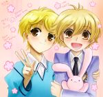  10s 2010 2boys blonde_hair brown_eyes crest crossover fruits_basket haninozuka_mitsukuni male_focus multiple_boys necktie open_mouth ouran_high_school_host_club school_uniform smile souma_momiji stuffed_bunny stuffed_toy uniform v 