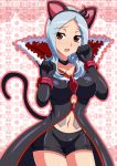  1girl animal_ears aokura_shou bare_shoulders blue_hair blush breasts cat_ears cat_tail collarbone eas fake_animal_ears fresh_precure! frills frown higashi_setsuna highres hood long_hair looking_at_viewer midriff navel open_mouth paw_pose pink_background precure red_eyes short_shorts shorts simple_background solo tail thighs 