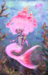  1boy androgynous background bare_shoulders bubble child coral fish full_body gray_skin jellyfish jewelry long_hair male_focus merman monster_boy nipples original pink_hair red_eyes smile solo tail underwater water 
