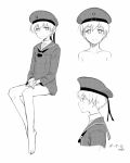  1girl artist_name barefoot beret blush character_name closed_mouth dress greyscale hat head_tilt kantai_collection kawashina_(momen_silicon) looking_at_viewer monochrome multiple_views number own_hands_together profile sailor_dress sailor_hat short_hair sitting smile v_arms z1_leberecht_maass_(kantai_collection) 