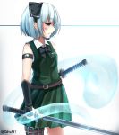  1girl armband artist_name bandage bob_cut bow bowtie grey_eyes hair_ribbon highres katana konpaku_youmu konpaku_youmu_(ghost) pleated_skirt pokio ribbon sheath sheathed short_hair silver_hair skirt sleeveless solo sword touhou wakizashi weapon 