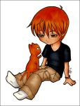  1boy bracelet cat chibi dual_persona fruits_basket jewelry male_focus orange_hair shirt sitting socks solo souma_kyou t-shirt 