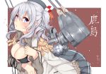  1girl absurdres bikini bikini_top black_bikini blouse blue_eyes blush breasts cannon cleavage epaulettes from_side front-tie_top highres jacket kantai_collection kashima_(kantai_collection) large_breasts leaning_forward long_hair long_sleeves looking_at_viewer machinery military military_uniform nebu_soku open_blouse open_clothes open_jacket pleated_skirt silver_hair skirt skirt_set swimsuit twintails uniform upper_body wavy_hair 