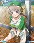  1girl baseball_cap baseball_glove baseball_uniform blue_eyes blush braid breasts brown_hair chain-link_fence cleavage fence hair_ribbon hat lynette_bishop official_art panties ponytail ribbon rust solo sportswear strike_witches underwear white_panties world_witches_series 