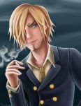  1boy blonde_hair cigarette double-breasted hair_over_one_eye male_focus necktie one_piece sanji smoking solo suit yellow_shirt 