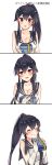  1girl black_hair blush breasts cleavage closed_eyes comic gift happy ichinomiya_(blantte) kantai_collection long_hair looking_at_viewer open_mouth ponytail red_eyes silent_comic simple_background smile text upper_body white_background white_day yahagi_(kantai_collection) 