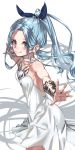  1girl absurdres alternate_hairstyle bare_shoulders blue_eyes blue_hair blue_ribbon blush bracer breasts choker closed_mouth collarbone dress eyebrows eyebrows_visible_through_hair eyes_visible_through_hair gem granblue_fantasy hair_ribbon hair_up highres long_hair looking_at_viewer lyria_(granblue_fantasy) outstretched_arms ribbon rolua short_dress simple_background small_breasts smile solo very_long_hair white_background white_dress 