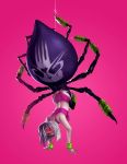  1girl amano-g arachne ass breasts carapace claws error exercise extra_eyes glowing glowing_eye handstand highres insect_girl large_breasts leg_warmers looking_at_viewer midriff monster_girl monster_musume_no_iru_nichijou multiple_legs pink_background rachnera_arachnera red_eyes short_hair silk silver_hair solo spider_girl spider_web sports_bra wristband 
