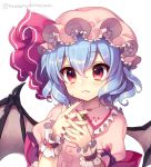  1girl arm_garter bat_wings blue_hair blush brooch closed_mouth fang frilled_shirt_collar frills hat hat_ribbon interlocked_fingers jewelry looking_at_viewer masaru.jp mob_cap nail_polish pink_shirt puffy_short_sleeves puffy_sleeves red_eyes red_nails red_ribbon remilia_scarlet ribbon shirt short_hair short_sleeves solo touhou twitter_username upper_body white_background wings wrist_cuffs 