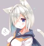  !? 1girl animal_ears blue_eyes blush breasts cat_ears embarrassed flying_sweatdrops grey_background hair_ornament hair_over_one_eye hairclip hamakaze_(kantai_collection) kantai_collection kemonomimi_mode looking_at_viewer medium_breasts motion_lines neckerchief p19 school_uniform serafuku shirt short_hair silver_hair simple_background solo spoken_interrobang sweatdrop tail_wagging upper_body white_shirt 