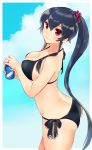  1girl alternate_costume ass bare_arms bare_shoulders bikini black_bikini black_hair breasts cleavage commentary_request hair_between_eyes ichinomiya_(blantte) kantai_collection large_breasts light_smile long_hair looking_at_viewer looking_to_the_side ponytail red_eyes side-tie_bikini sideboob solo swimsuit underwear yahagi_(kantai_collection) 