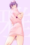  1boy ass blush crossdressinging embarrassed from_below green_eyes hair_over_one_eye kasen_kanesada lips looking_back male_focus moge-hera nurse pink_background purple_hair solo sweatdrop thighs touken_ranbu 