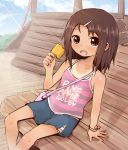  1girl bag child clouds day eyebrows food hair_ornament hairclip ice_cream looking_at_viewer open_mouth original outdoors shiny shiny_hair sitting skirt sky solo tan tanline yurarin 