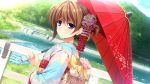  1girl blue_eyes blush brown_hair floral_print flower hair_ornament hayase_chitose_(pretty_x_cation) highres japanese_clothes kimono looking_at_viewer obi pretty_x_cation_2 sash smile umbrella 