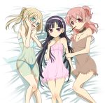  3girls bed black_hair blonde_hair blue_eyes blue_panties bow breasts cleavage collar collarbone eyebrows eyebrows_visible_through_hair from_above glasses hair_bow hair_ribbon inu_x_boku_ss lingerie long_hair looking_at_viewer lying medium_breasts multiple_girls navel negligee on_back open_mouth panties pink_hair purple_ribbon red_eyes ribbon roromiya_karuta rumia_(compacthuman) see-through shirakiin_ririchiyo tied_hair twintails underwear violet_eyes yukinoshita_yukino 