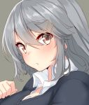  absurdres alternate_costume blush commentary_request grey_background grey_hair hair_ornament hairclip haruna_(kantai_collection) highres kantai_collection light_brown_eyes looking_at_viewer nebu_soku parted_lips upper_body 