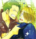  2boys blonde_hair green_hair male_focus multiple_boys one_piece open_mouth roronoa_zoro sanji scar 