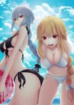  2girls ball bikini black_bikini blonde_hair blush braid breasts cleavage cloudy_sky collarbone fate/apocrypha fate/grand_order fate_(series) female highres holding_object large_breasts long_hair looking_at_viewer mirufi-yu multiple_girls navel open_mouth red_eyes ruler_(fate/apocrypha) ruler_(fate/grand_order) sideboob sky smile swimsuit tied_hair white_bikini white_hair white_swimsuit 