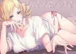  1girl blonde_hair blue_eyes breasts catherine catherine_(game) demon_girl drill_hair lipstick nail_polish shirt solo underwear 