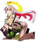  1girl all_fours ass bellbottoms black_gloves breasts candy cleavage crossed_arms gloves guilty_gear guilty_gear_xrd halo hyakuhachi_(over3) jack-o_(guilty_gear) jewelry lollipop long_hair medium_breasts multicolored_hair necklace pantylines red_eyes redhead silver_hair solo two-tone_hair 