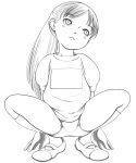  1girl blush buruma child closed_mouth eyebrows full_body gym_uniform long_hair monochrome original riarutoruchokku shadow simple_background socks solo squatting uniform white_background 