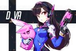  1girl bodysuit brown_hair character_name clothes_writing covered_navel d.va_(overwatch) facepaint facial_mark finger_on_trigger gun handgun headphones holding holding_gun holding_weapon long_hair overwatch pilot_suit pistol ribbed_bodysuit skin_tight solo weapon whisker_markings 